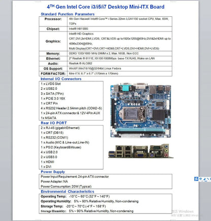 H81 B85  Mini-ITX Motherboard New Original Mainboard For 4th Intel Core i3 i5 i7 CPU Embedded Haswell with 6*COM 2*LAN LVDS DVI