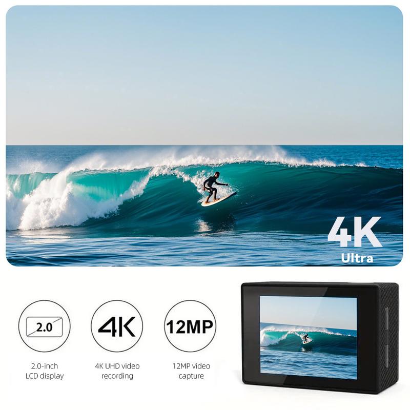 Action Camera with 4K 30FPS Ultra HD Video,12MP Photos, HDR,2.0" Image Sensor, Daily Streaming, HD camera, Stabilization