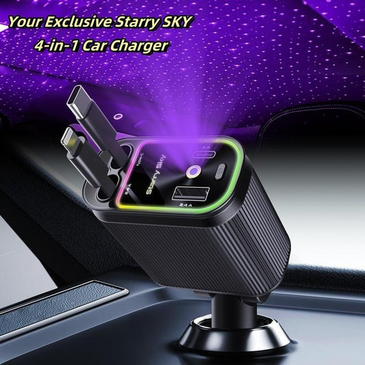 4-in-1 Retractable Starry Stars Proof Car Charger ,usb-c  phone cords  &Lightning Cable & 2 Charging Ports, and Voltage Display, Compatible with iPhone, Samsung, and Pixel  phone Vehicle Led, car charger adapter
