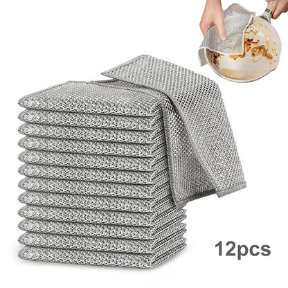 【Freeship】12-Pack Dishwashing Rags, Multipurpose Non-Scratch Wire Dishcloths for Wet and Dry Use,Reusable Wire Cleaning Cloths for Kitchen, Sinks.and Pans Silver Removable, Washable & More