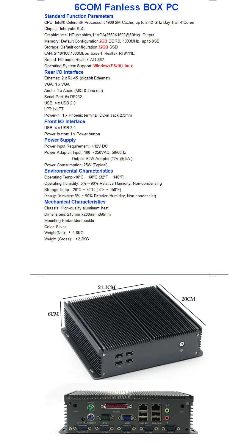 Embedded Computer IPC Fanless Mini Industrial BOX PC For Intel J1900 CPU 6*COM \ LPT \ 2* Giga LAN \ VGA \ 2G RAM \ Barebone 12V