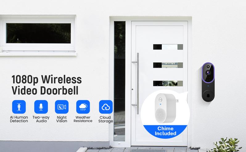 Smart 1080P Video Doorbell Camera Wireless, AI Human Detection, Live View, 2-Way Audio, Included Chime, Night Vision, 2.4G Wi-Fi, Cloud Storage, Indoor/Outdoor Surveillance Cam (Purple)