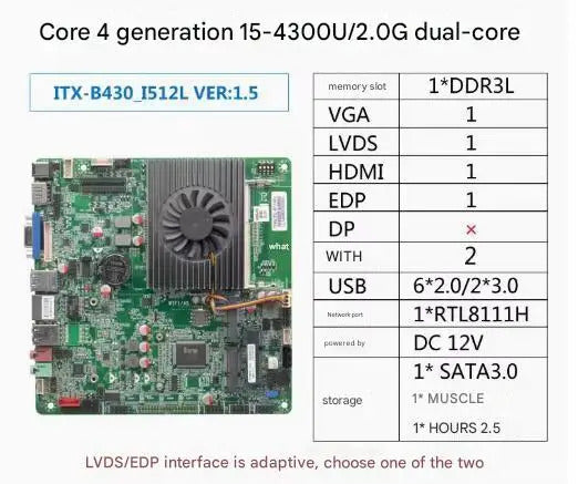 i5-4300u Mini-ITX Motherboard 4th Core Intel CPU IPC SBC Embedded Ultra-thin Mainboard with 2COM LAN DC-12V DDR3L 6USB LVDS EDP