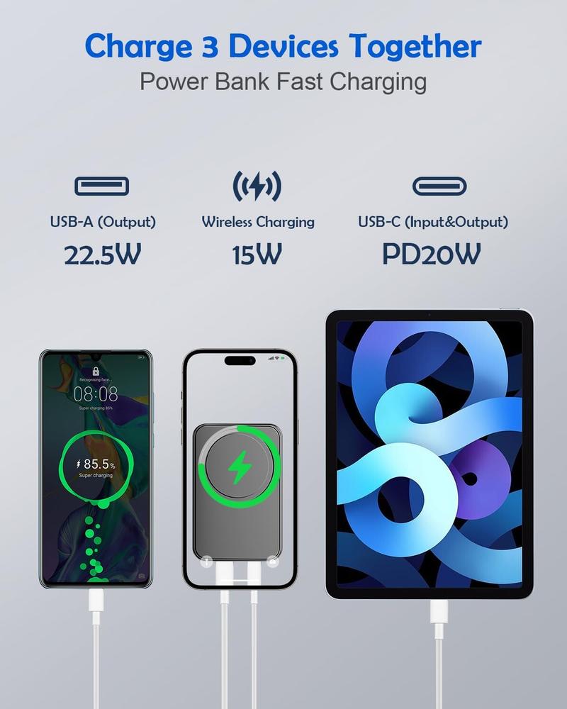 Green Springtok Digital Power Display 10000 mAh Ultra-Thin Mini Wireless Magnetic Power Bank for iPhone & Android Phones, Compact and Portable Charger Chargeable Smartphone Battery
