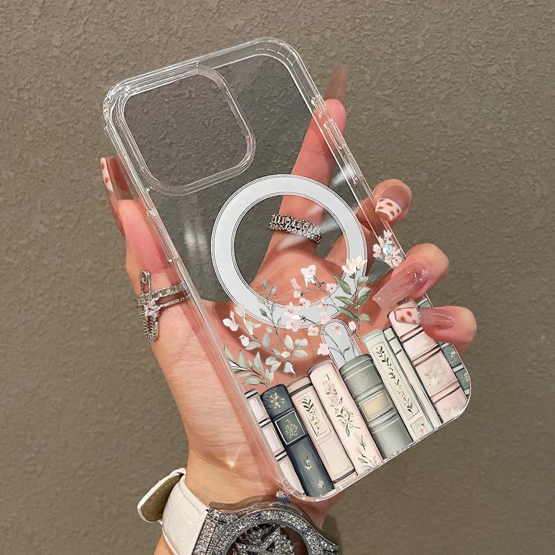Soft Girl Magnetic Case for iPhone11/12/13/14/15/16/17/promax, Floral Bookshelf Lightweight, Drop-Proof, MagSafe Compatible | Perfect for Teen Girls