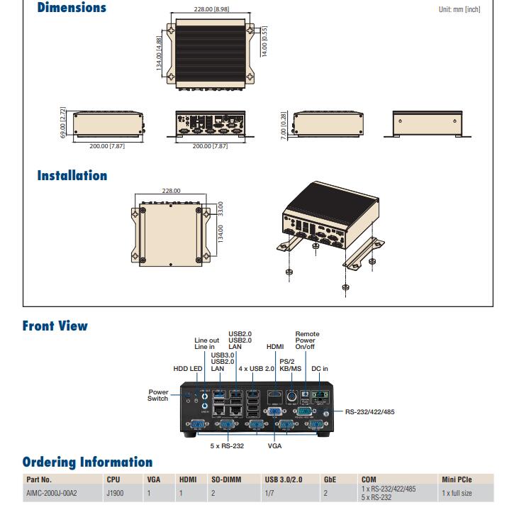 AIMC-2000 Fanless Embedded Industrial Computer Mini Industrial PC Quad-core J1900 SoC with VGA 6COM 8USB 2LAN DC-12V