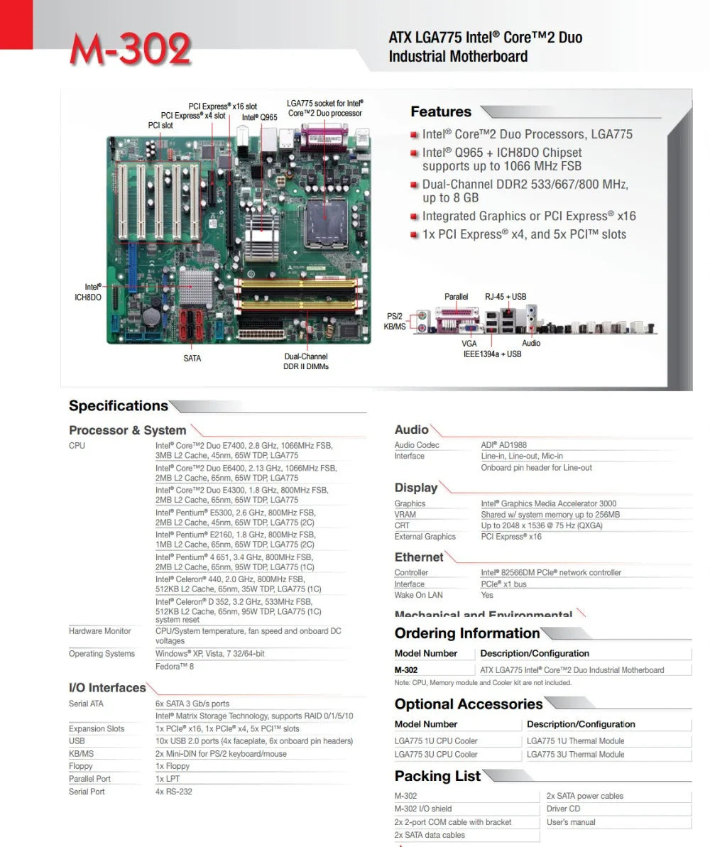 M-302 Q965 ATX  100% OK Original Embedded IPC Mainboard  Industrial Motherboard 5*PCI 4*COM IEEE1394A With LGA775 CPU RAM