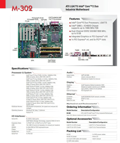 M-302 Q965 ATX  100% OK Original Embedded IPC Mainboard  Industrial Motherboard 5*PCI 4*COM IEEE1394A With LGA775 CPU RAM