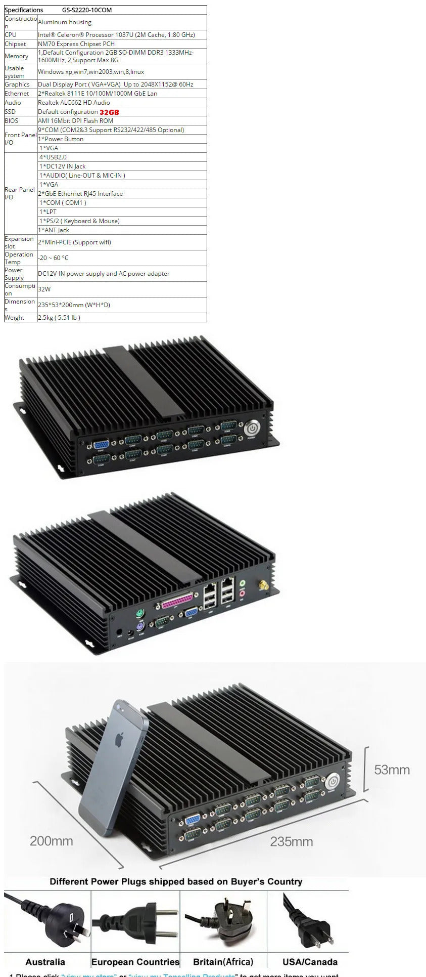 GS-S2220-10COM Computer  Fanless Mini Industrial BOX PC For Intel 1037U CPU 10 COM \ 1LPT \ 2 Giga Ethernet \ 2 VGA Barebone 12V