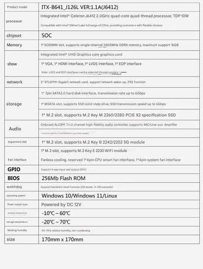 Материнская плата J6412 Mini-ITX, процессор Celeron Intel, IPC SBC, встраиваемая, безвентиляторная, ультратонкая материнская плата с COM LAN LPT DC-12V DDR4 EDP LVDS