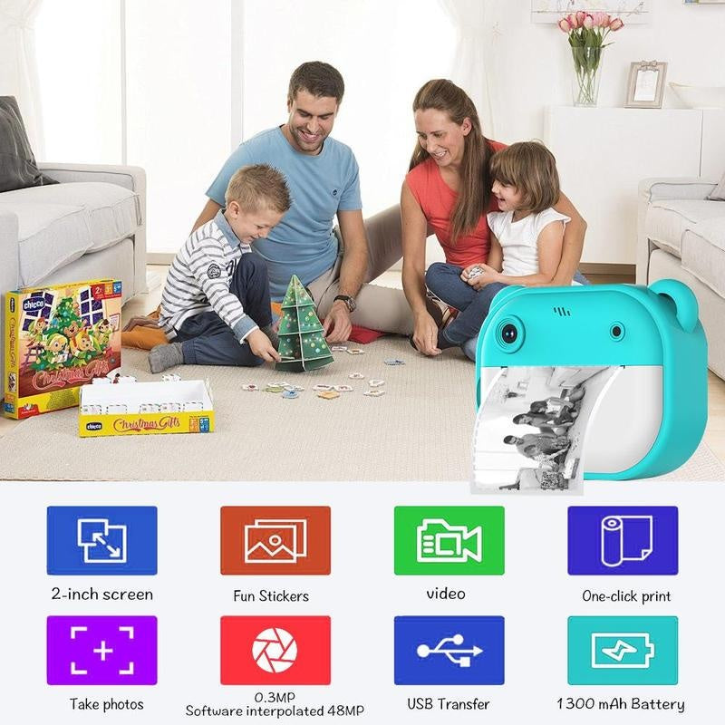 Instant Camera, Portable Camera, Digital Camera, Multifunctional 1080P HD Dual-Camera Kids Instant Print Camera, Includes Storage Card & Thermal Paper Roll, Birthday Gift