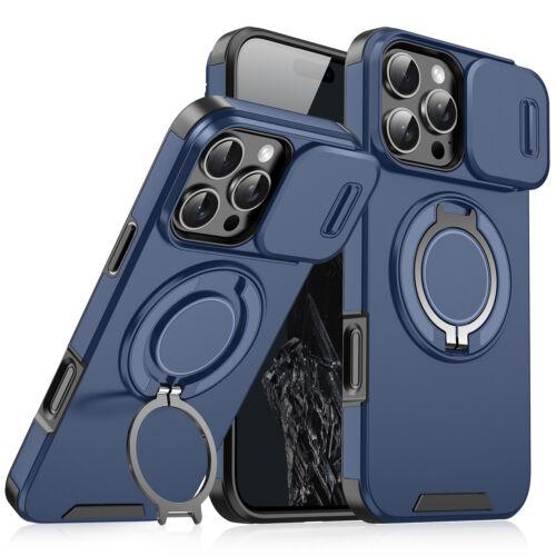 For iPhone 16 Pro Max 15 14 13 12 11 Magnetic Ring Stand Case w/Slide Lens Cover 360 Rotated Ring Kickstand Holder Military Grade Shock proof Slide Camera Protective Cover Phone Case