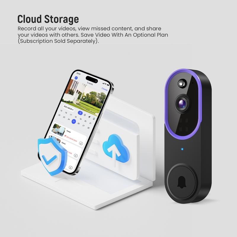 Smart 1080P Video Doorbell Camera Wireless, AI Human Detection, Live View, 2-Way Audio, Included Chime, Night Vision, 2.4G Wi-Fi, Cloud Storage, Indoor/Outdoor Surveillance Cam (Purple)