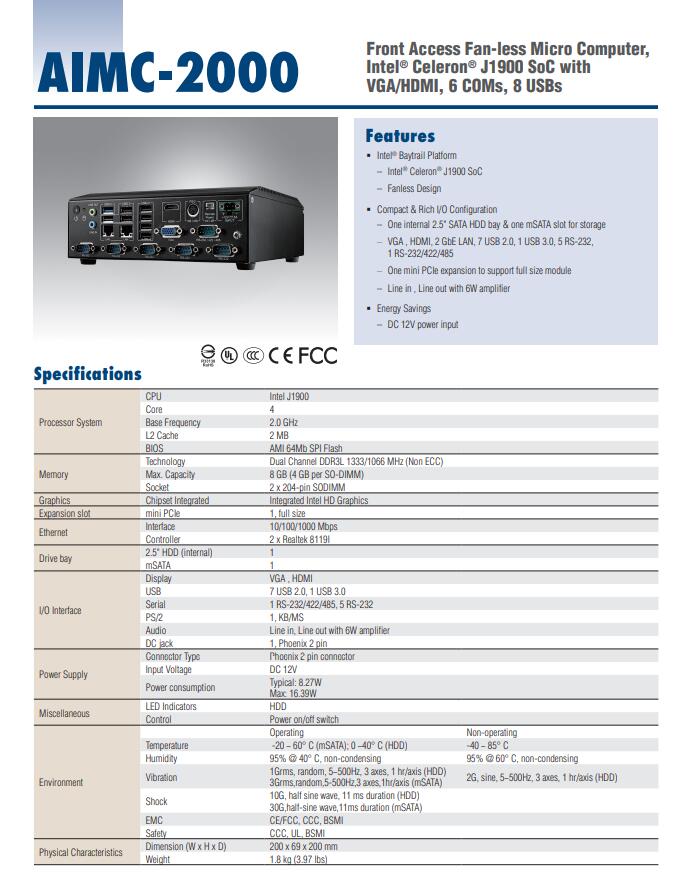 AIMC-2000 Fanless Embedded Industrial Computer Mini Industrial PC Quad-core J1900 SoC with VGA 6COM 8USB 2LAN DC-12V