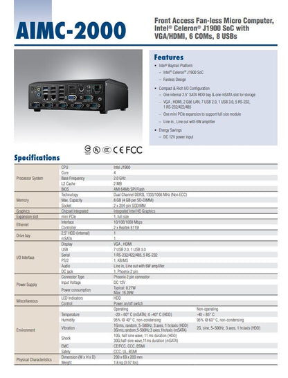 AIMC-2000 Fanless Embedded Industrial Computer Mini Industrial PC Quad-core J1900 SoC with VGA 6COM 8USB 2LAN DC-12V