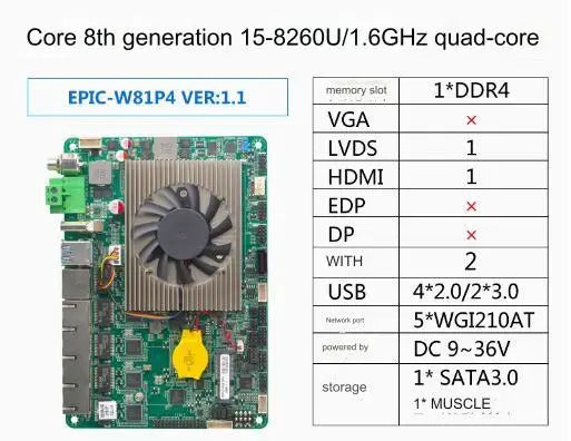 i5-8260U 4 inch Motherboard 4" SBC IPC Mainboard industrial with Quad Core DC-9~36V 2-COM 5xGbE POE LAN LVDS