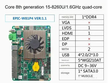 i5-8260U 4 inch Motherboard 4" SBC IPC Mainboard industrial with Quad Core DC-9~36V 2-COM 5xGbE POE LAN LVDS
