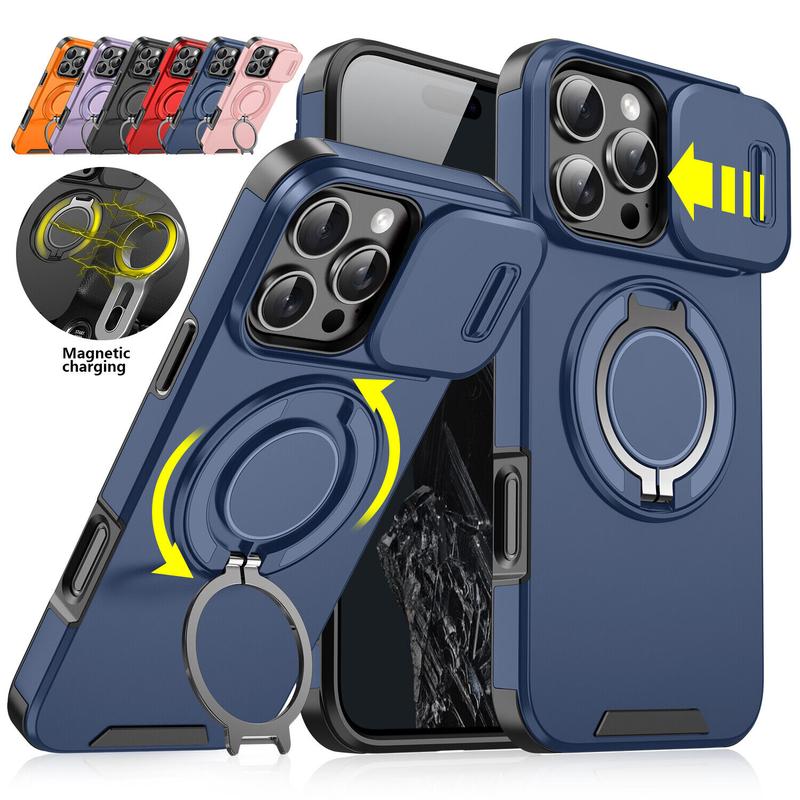 For iPhone 16 Pro Max 15 14 13 12 11 Magnetic Ring Stand Case w/Slide Lens Cover 360 Rotated Ring Kickstand Holder Military Grade Shock proof Slide Camera Protective Cover Phone Case