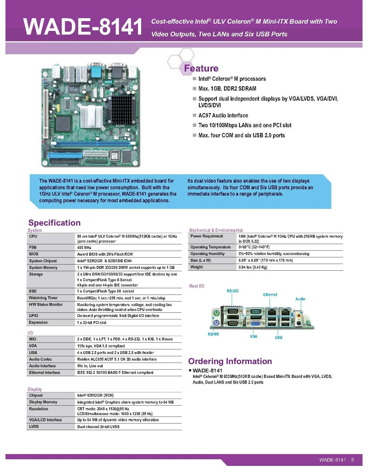 WADE-8141 New original wade-8141-600 Original Brand mini itx IPC Embedded Mainboard Industrial Motherboard Mini-ITX 4*COM 2*LAN