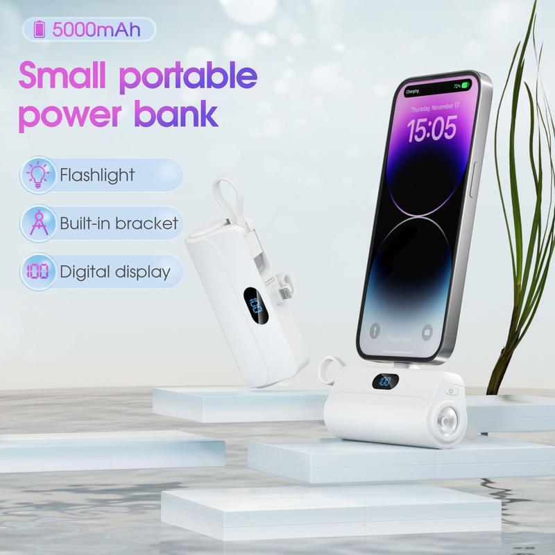 5000mAh Portable Mini Power Bank with Built-in Cables, Mobile Power Bank Charger with LED Digital Display & Flashlight, Suitable for iPhone 15/14/13, Galaxy S21 & More, Phone Accessories, Electronics Accessories
