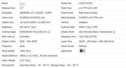 LQ042T5DZ01 LQ042T5DZ07 LQ042T5DZ08 LQ042T5DZ11 LQ042T5DZ11A 4.2-inch Original LCD Display Screen