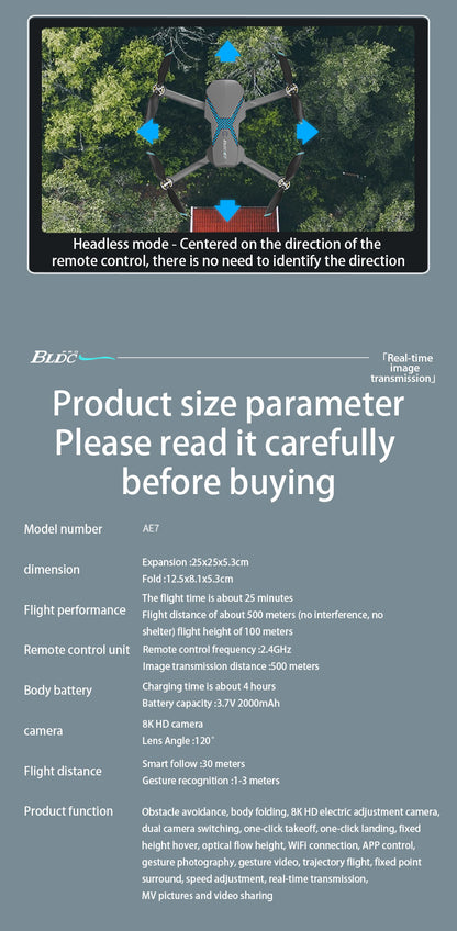 Cross-Border New Products AE7Foldable Brushless Motor Drone Aerial Photography Cool Lighting Remote Control Aircraft Quadcopter