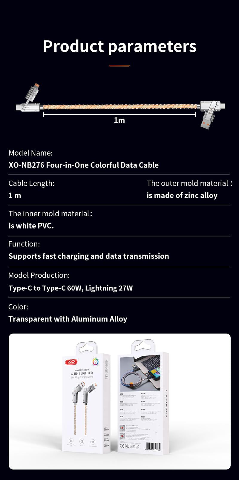 【Mother's Day Gift】Four-in-One 100W Colorful lights Data Cable,Supports fast charging and data transmission,Free switching four interfaces, Luminous Durable
