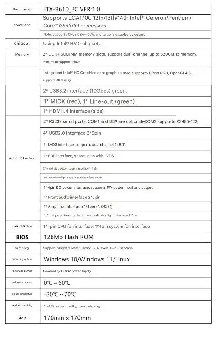 H610 Mini-ITX Motherboard 12/13/14th Core i3/i5/i7/i9 LGA1700 CPU IPC SBC Embedded Ultra-thin Mainboard with 2COM LAN DC-19V VGA