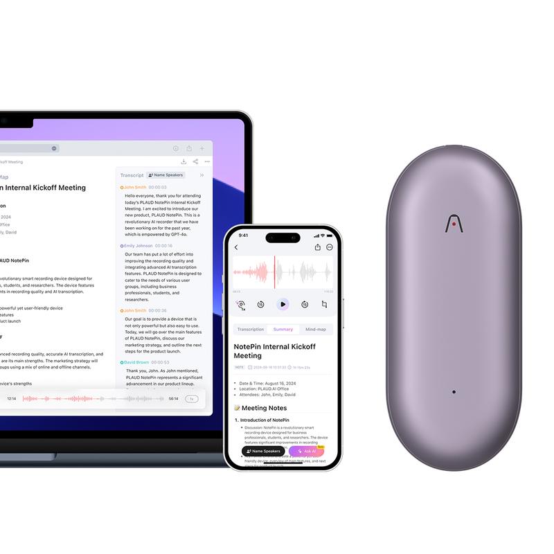 PLAUD NotePin Smart Voice Recorder, 64GB Memory, Supports 112 Languages, App Control, AI Transcribe & Summarize, Audio Recorder for Lectures & Meetings