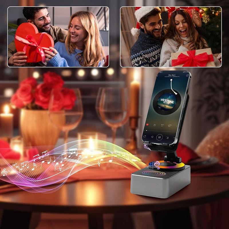 Wireless Audio Bluetooth Speaker 5in1 Phone Holder Emergency Rechargeable withColorful Ambient Light 300° Foldable for Tablet iPhone Android, Gifts for Men Women ，Black
