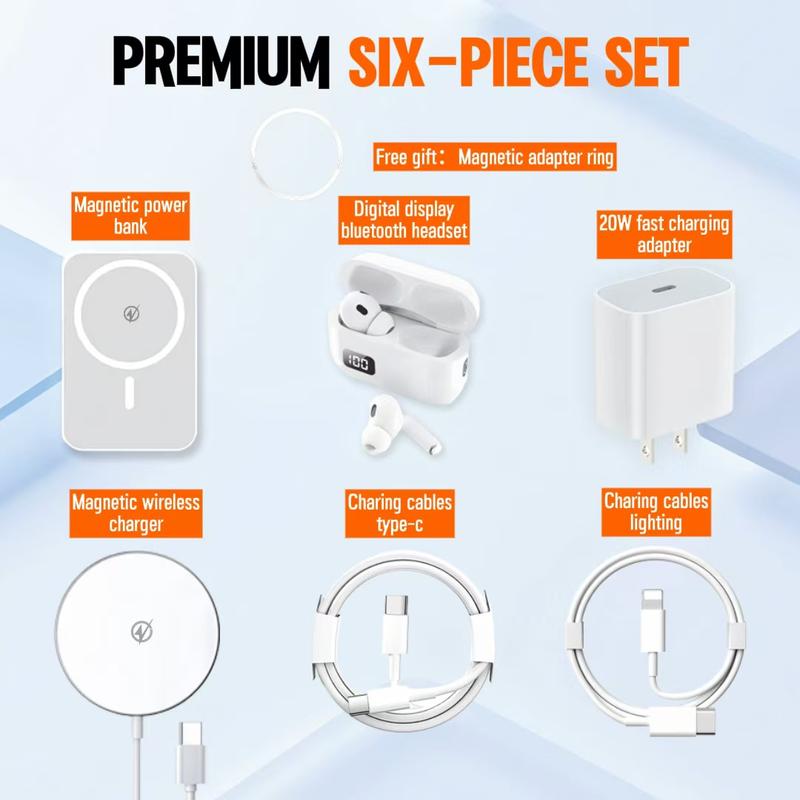 6-in-1 Magnetic Charging and Bluetooth  earphones Kit: MagSafe battery pack, Fast Charge, MagneticPower Bank, Wireless Charger, Type-C toLightning Cable, Adapter & Audio Support,Compact & Portable