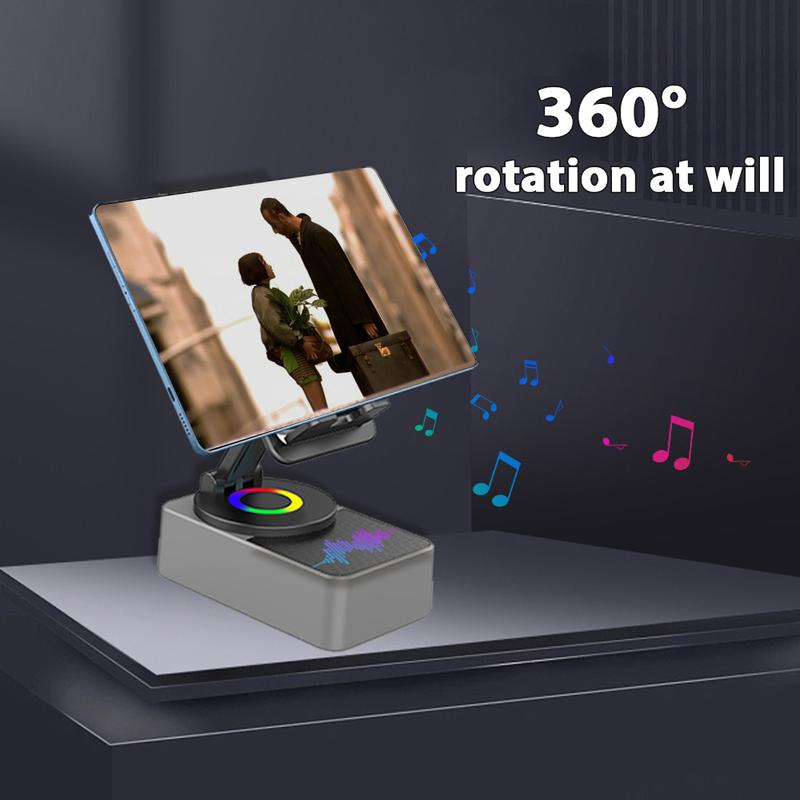 Wireless Audio Bluetooth Speaker 5in1 Phone Holder Emergency Rechargeable withColorful Ambient Light 300° Foldable for Tablet iPhone Android, Gifts for Men Women ，Black