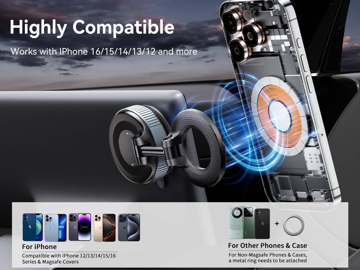 Upgraded Magnetic Phone Holder,Unpowered Version 360° Rotatable Adjustable and Foldable Magnetic & Vacuum Adsorption Car Holder, No Noise for iPhone & Android