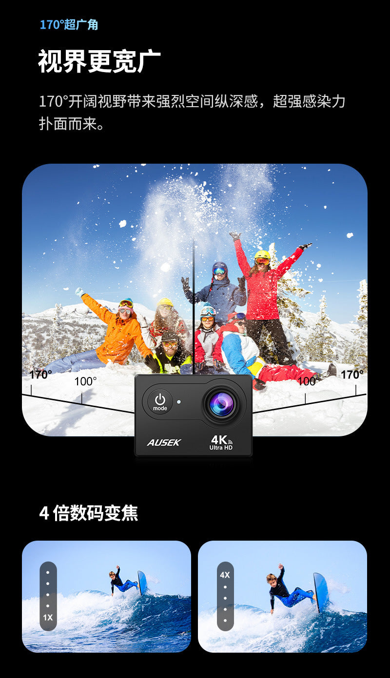 Cross-border new arrival4k Waterproof action camera with anti-shake dual screen HD wifi Outdoor shooting cycling diving camera