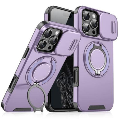 For iPhone 16 Pro Max 15 14 13 12 11 Magnetic Ring Stand Case w/Slide Lens Cover 360 Rotated Ring Kickstand Holder Military Grade Shock proof Slide Camera Protective Cover Phone Case