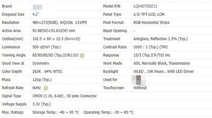 LQ042T5DZ01 LQ042T5DZ07 LQ042T5DZ08 LQ042T5DZ11 LQ042T5DZ11A 4.2-inch Original LCD Display Screen