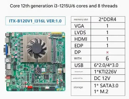 i3-1215U Mini-ITX Motherboard 12th 6Core Intel CPU IPC SBC Embedded Ultra-thin Mainboard with 6COM i226 DC12V DDR4 8USB EDP VGA