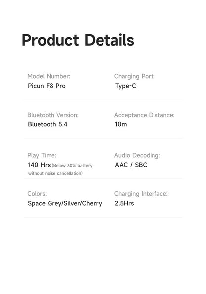 Picun F8 Pro Wireless Headphones - 52dB Noise Cancellation, 5 Smart ENC Mics, Detachable Fabric Ear Cushions, 140 Hour Long Battery Life,  Premium Audio Seamless Dual Device Connection for All-Day Use and Boosted Productivity Bluetooth
