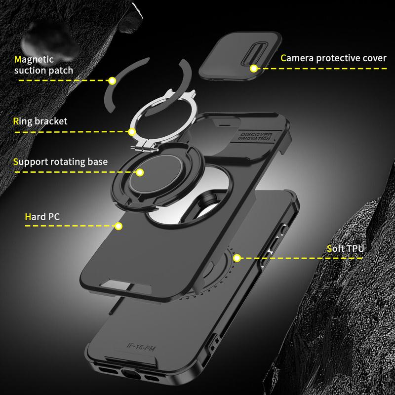 For iPhone 16 Pro Max 15 14 13 12 11 Magnetic Ring Stand Case w/Slide Lens Cover 360 Rotated Ring Kickstand Holder Military Grade Shock proof Slide Camera Protective Cover Phone Case