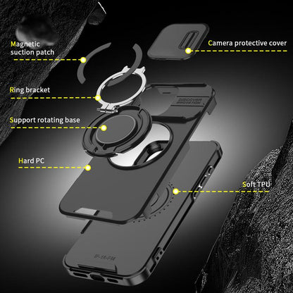 For iPhone 16 Pro Max 15 14 13 12 11 Magnetic Ring Stand Case w/Slide Lens Cover 360 Rotated Ring Kickstand Holder Military Grade Shock proof Slide Camera Protective Cover Phone Case