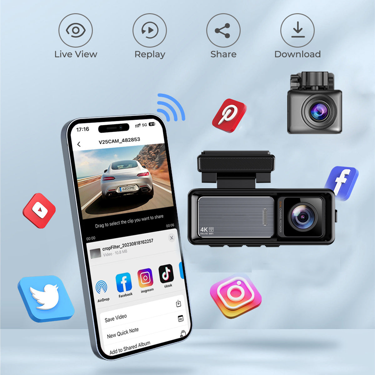 Super Clear4K Starlight Night Vision Front and Rear Dual Recording WIFI Mobile Phone Interconnection Dual-Lens Car Mount DVR Driving Recorder