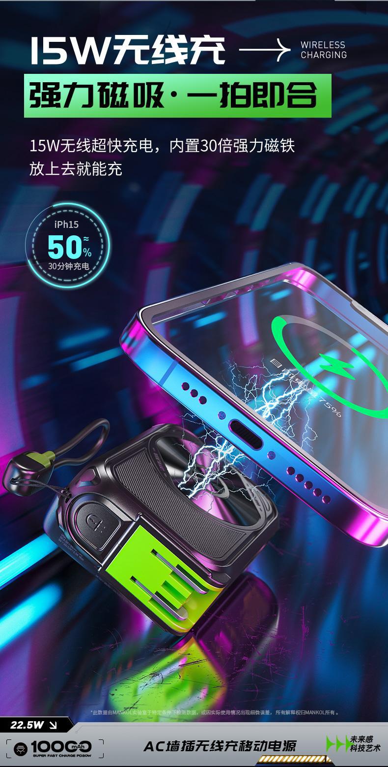 AC Plug Charger20000Ma  5-in-1 Wireless Magnetic Charging22.5W Fast Charging Built-in Cable Portable Power Bank