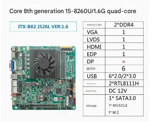 i5-8260U Mini-ITX Motherboard 8th 4 Core Intel CPU IPC SBC Embedded Ultra-thin Mainboard with 6COM LAN DC12V DDR4 8USB LVDS VGA