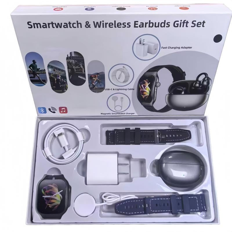 Upgraded 7-in-1 Smartwatch Gift Set – Enhanced Bluetooth Earbuds + Fast Wall Charger + USB Cable + Wireless Watch Charger + 2 Premium Bands | All-in-One Fitness & Everyday Essentials Bundle | Great Value Gift for Men & Women