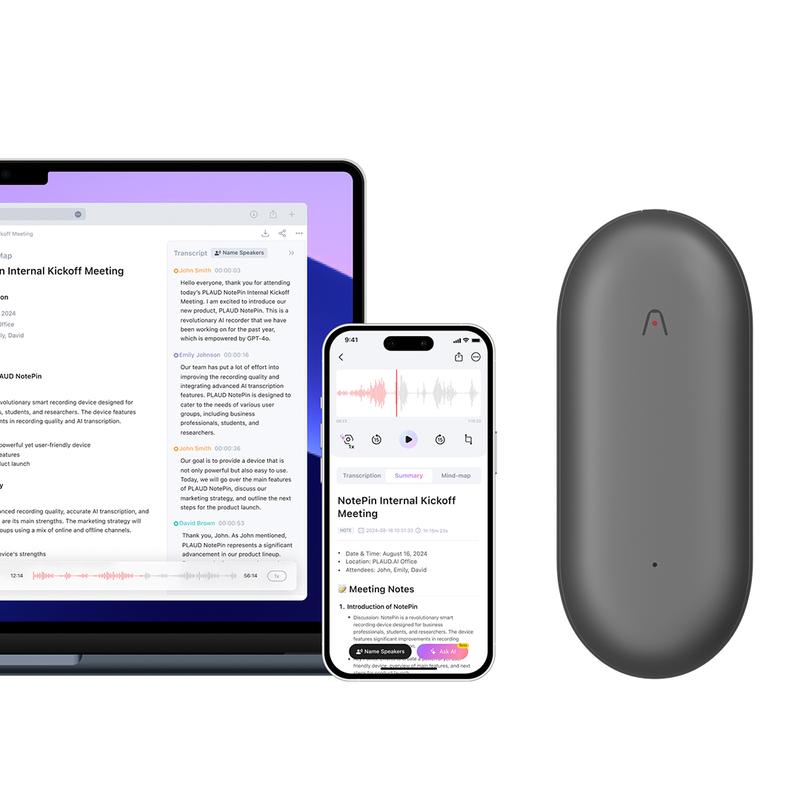 PLAUD NotePin Smart Voice Recorder, 64GB Memory, Supports 112 Languages, App Control, AI Transcribe & Summarize, Audio Recorder for Lectures & Meetings