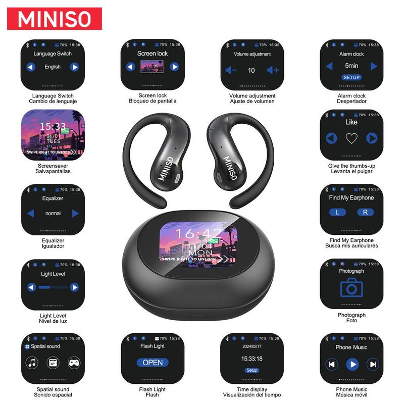 MINISO MS188 Wireless BT Headphones, 1 Count Open-back Over-ear Headphones with LCD Display Charging Case, Suitable for Daily Commuting