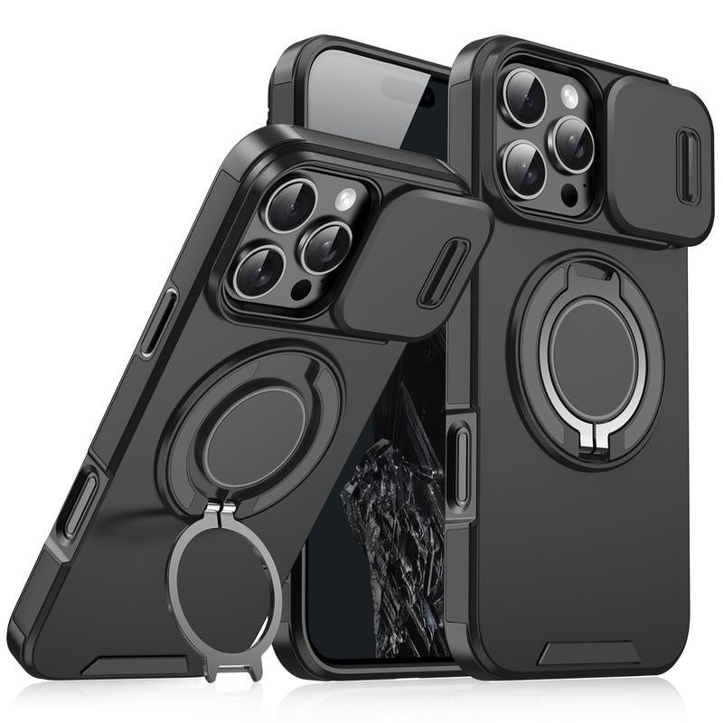 For iPhone 16 15 14 13 12 Pro Max with Slide Camera Case, 360 Rotated Ring Kickstand Holder Military Grade Shockproof Protective Cover