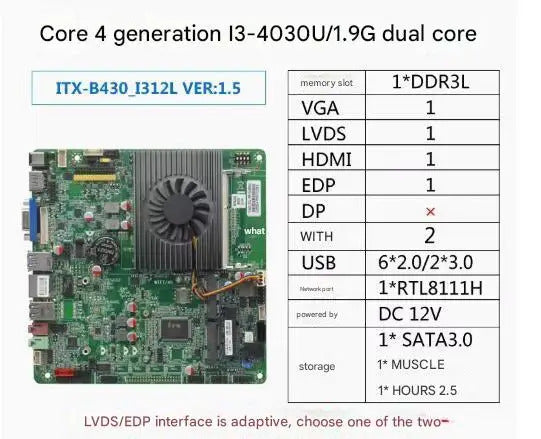 i3-4030u Mini-ITX Motherboard 4th Core Intel CPU IPC SBC Embedded Ultra-thin Mainboard with 2COM LAN DC-12V DDR3L 6USB LVDS EDP