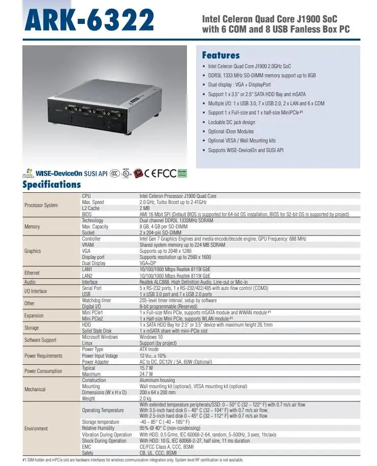 ARK-6322 Fanless Embedded Industrial Computer Mini Industrial PC Quad-core J1900 SoC with VGA 6COM 8USB 2LAN DC-12V