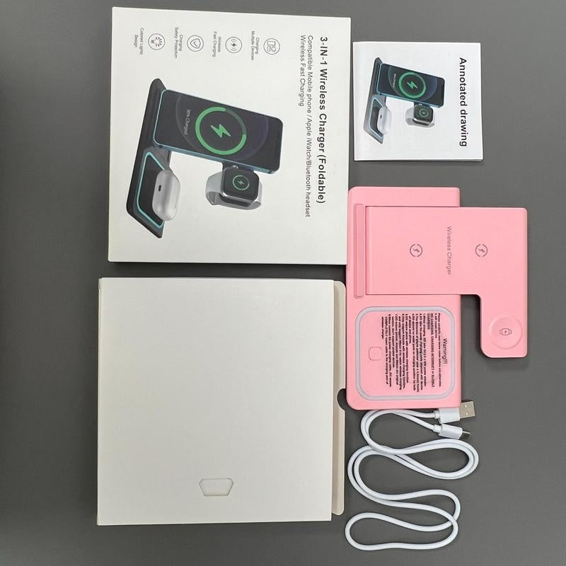 3-in-1 Wireless Charger, 15W Fast Wireless Charger, Foldable & Portable Design Wireless Charging Station for iPhone & Samsung Phone & iWatch & AirPods Series